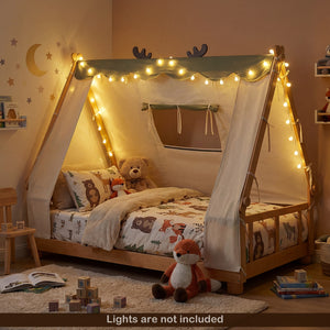 Twin Size House Floor Wood Bed with Tent-Natural view 3