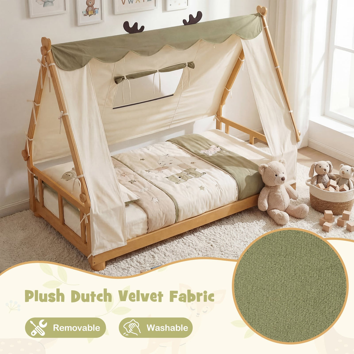 Twin Size House Floor Wood Bed with Tent-Natural view 9