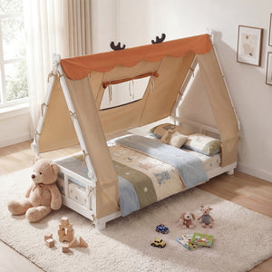 Twin Size House Floor Wood Bed with Tent-White view 2
