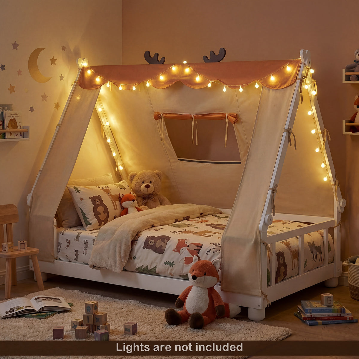 Twin Size House Floor Wood Bed with Tent-White view 3