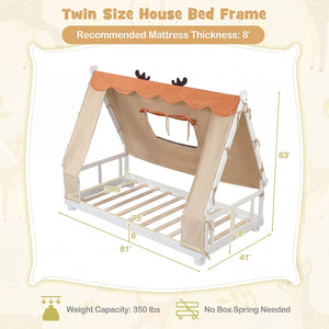 Twin Size House Floor Wood Bed with Tent-White view 4