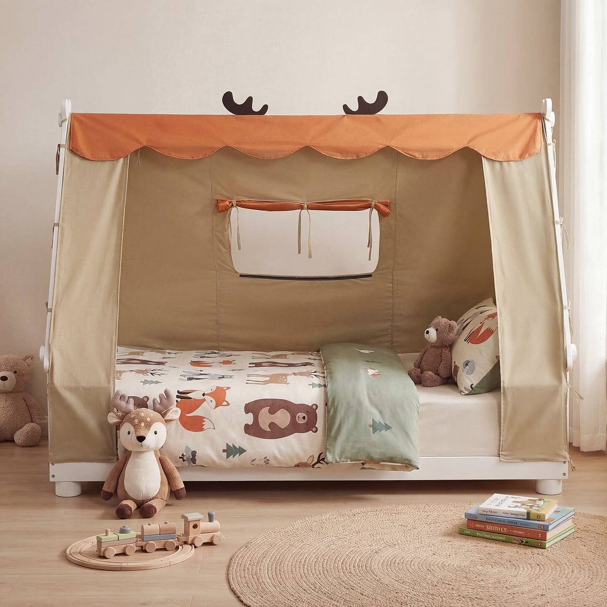 Twin Size House Floor Wood Bed with Tent-White view 5