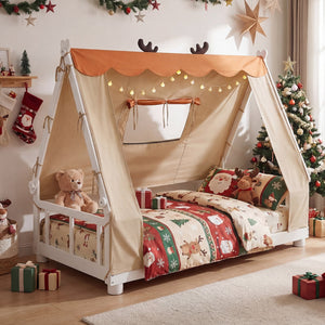 Twin Size House Floor Wood Bed with Tent-White view 6