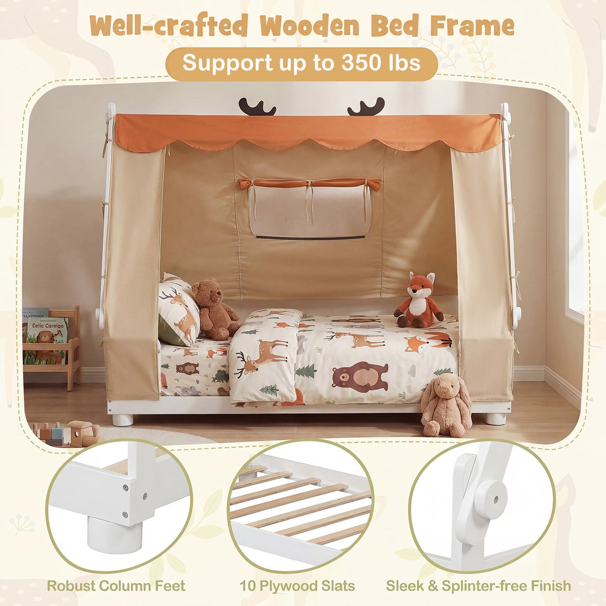 Twin Size House Floor Wood Bed with Tent-White view 7