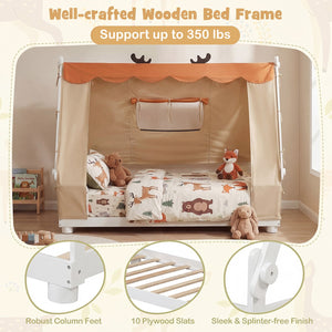 Twin Size House Floor Wood Bed with Tent-White view 7
