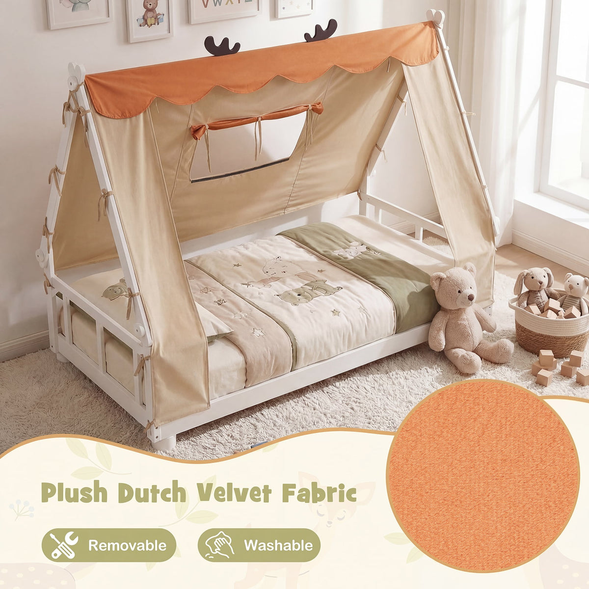 Twin Size House Floor Wood Bed with Tent-White view 9