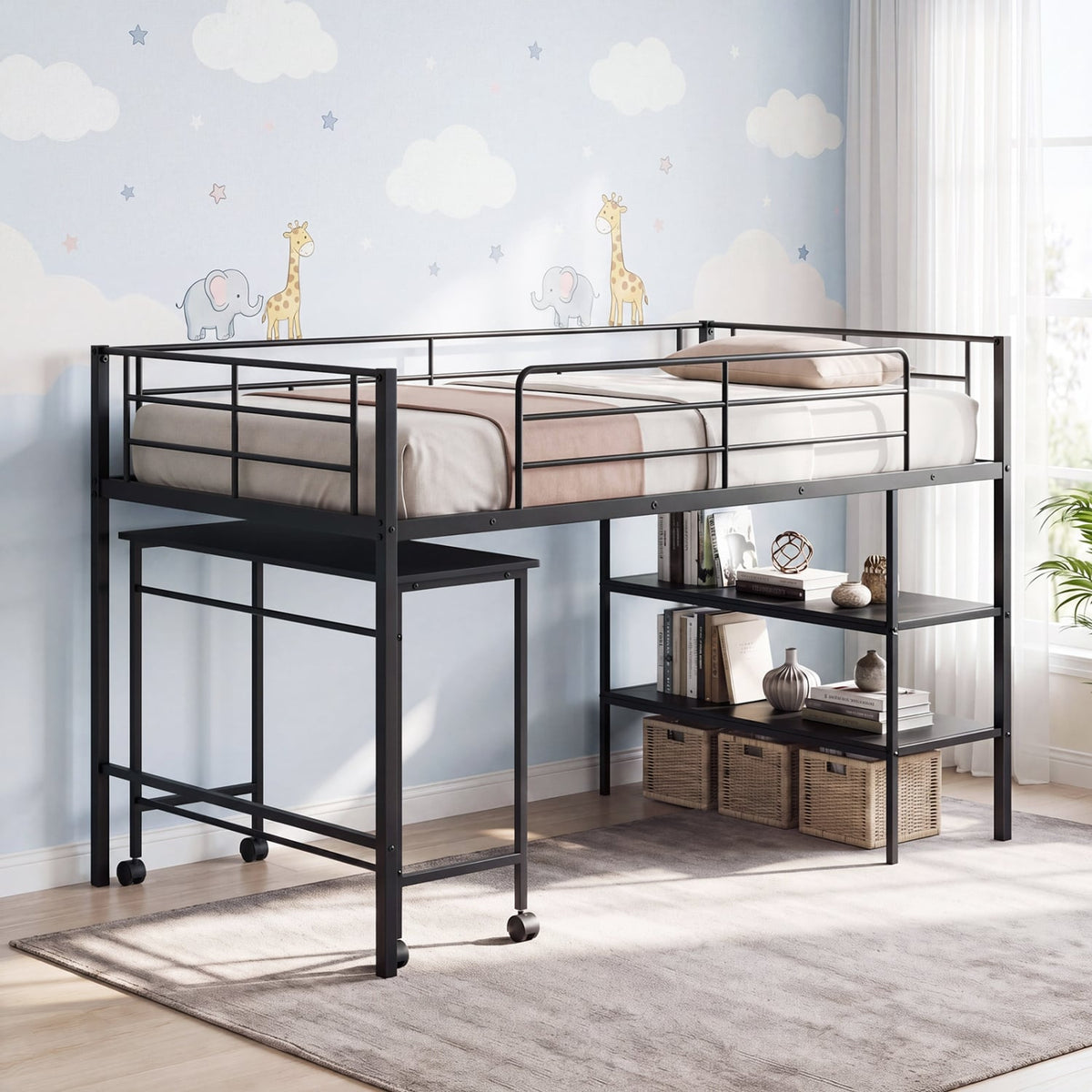 Twin Size Loft Bed with Rolling Desk and Bookshelf Platform Bed Frame-Black view 2