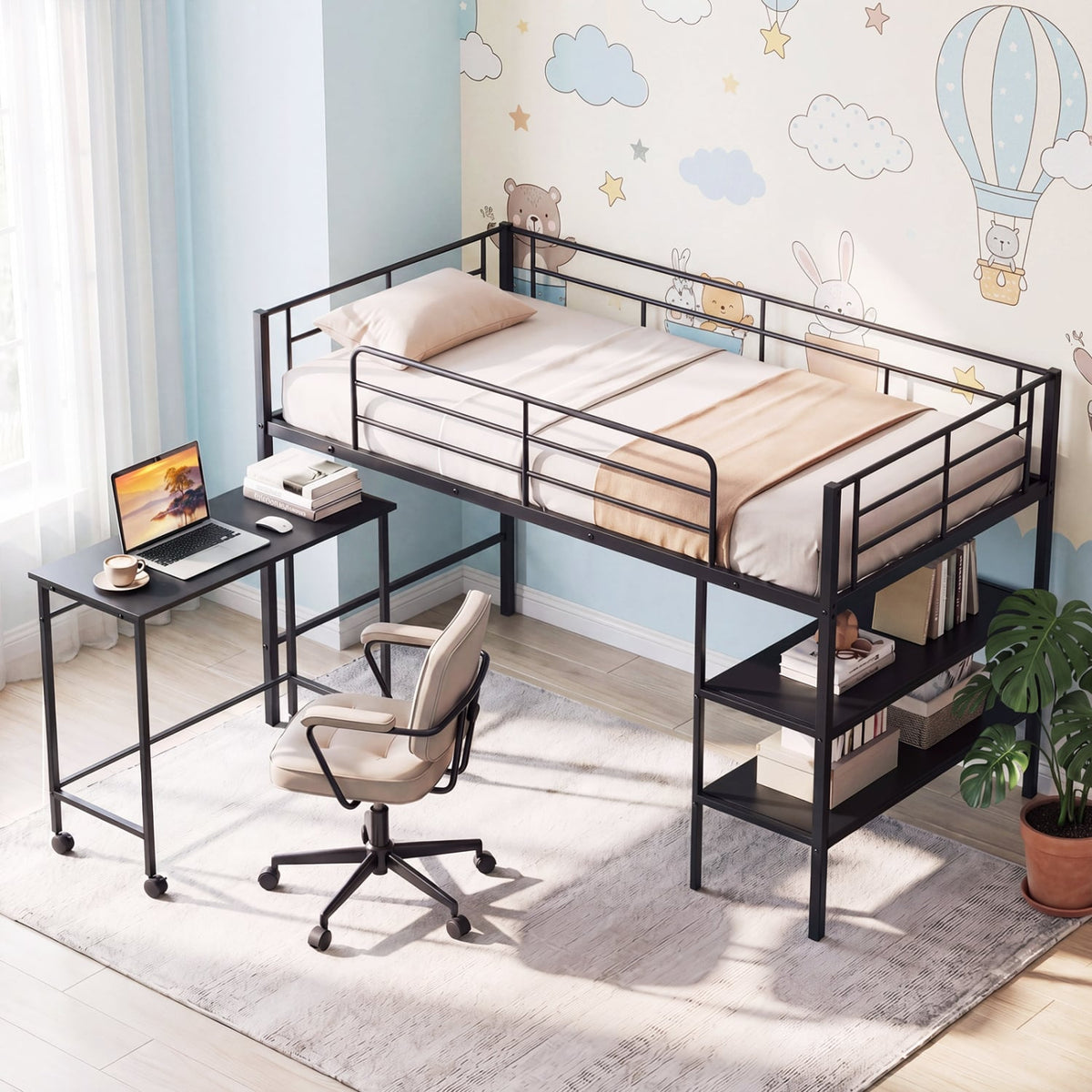 Twin Size Loft Bed with Rolling Desk and Bookshelf Platform Bed Frame-Black view 6