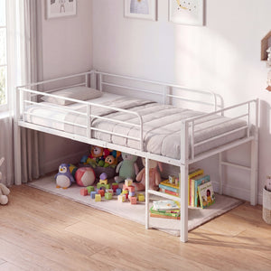 Twin Size Low Loft Bed with Safety Guardrails and 2 Ladders-White view 2