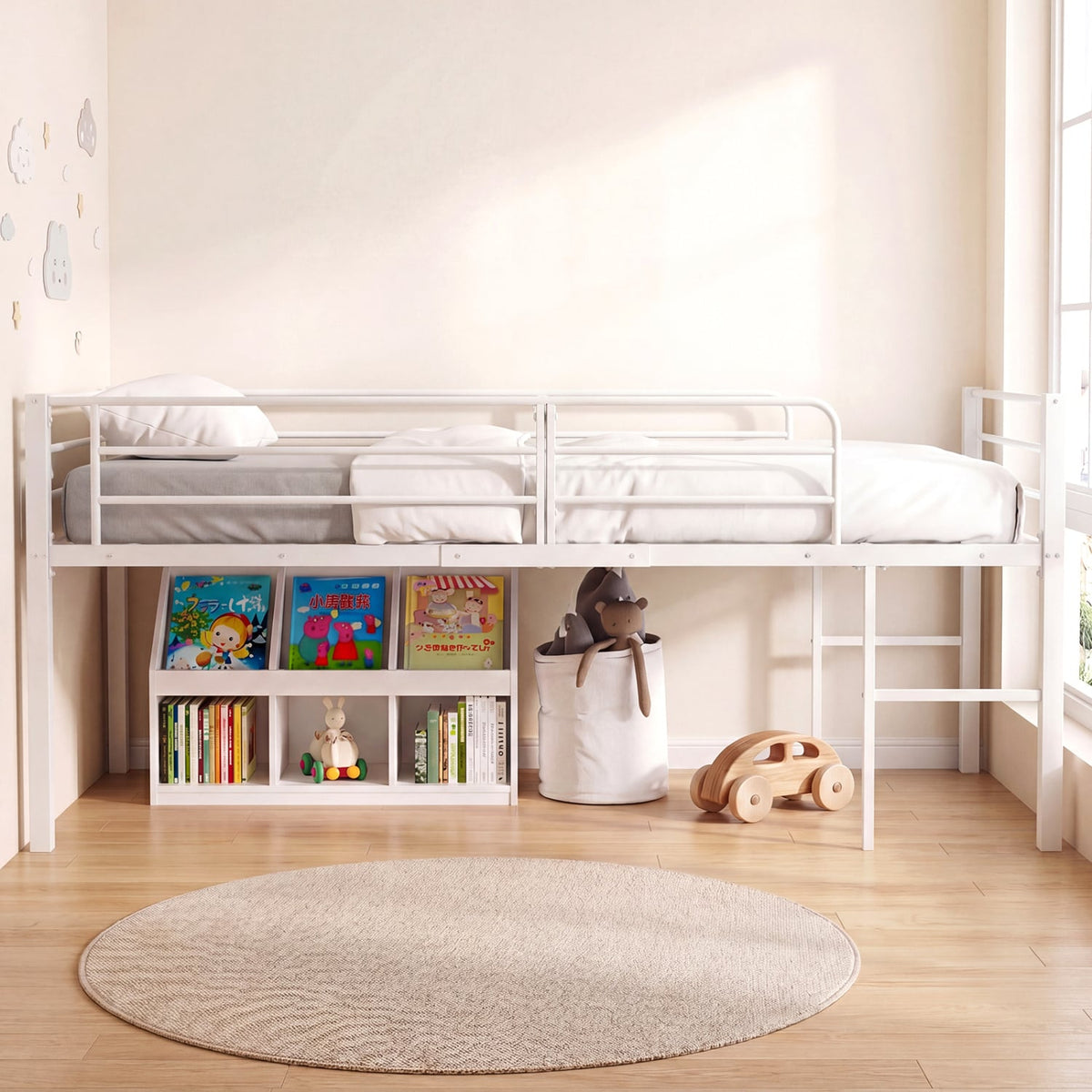 Twin Size Low Loft Bed with Safety Guardrails and 2 Ladders-White view 3