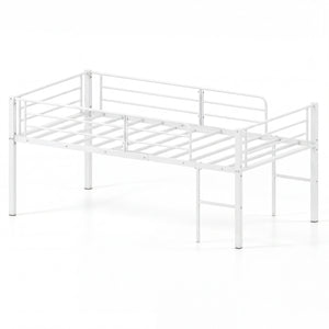Twin Size Low Loft Bed with Safety Guardrails and 2 Ladders-White