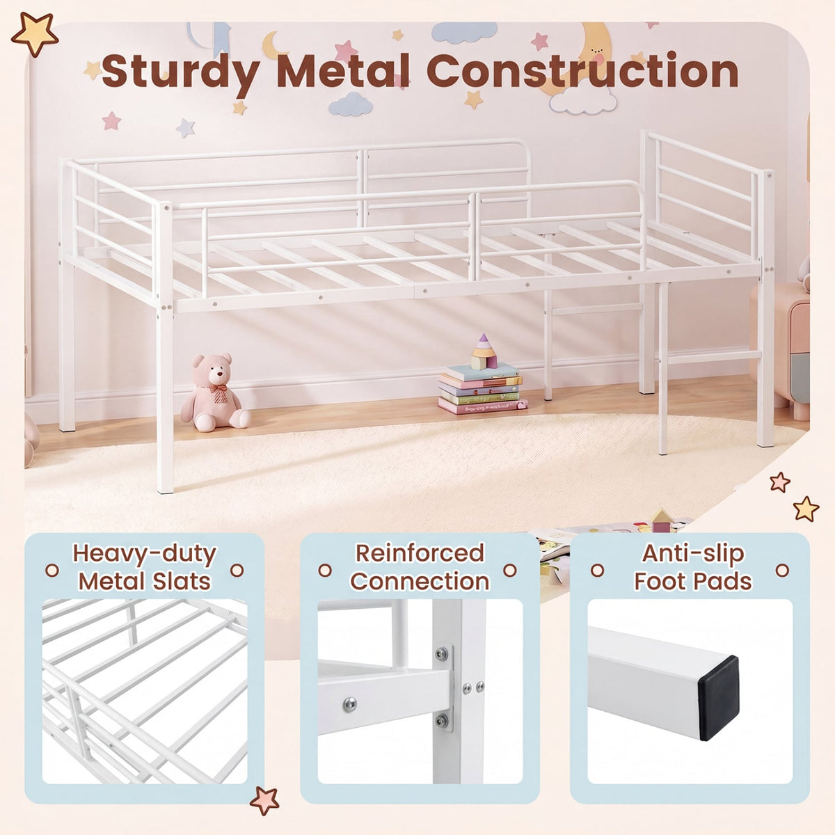 Twin Size Low Loft Bed with Safety Guardrails and 2 Ladders-White view 6
