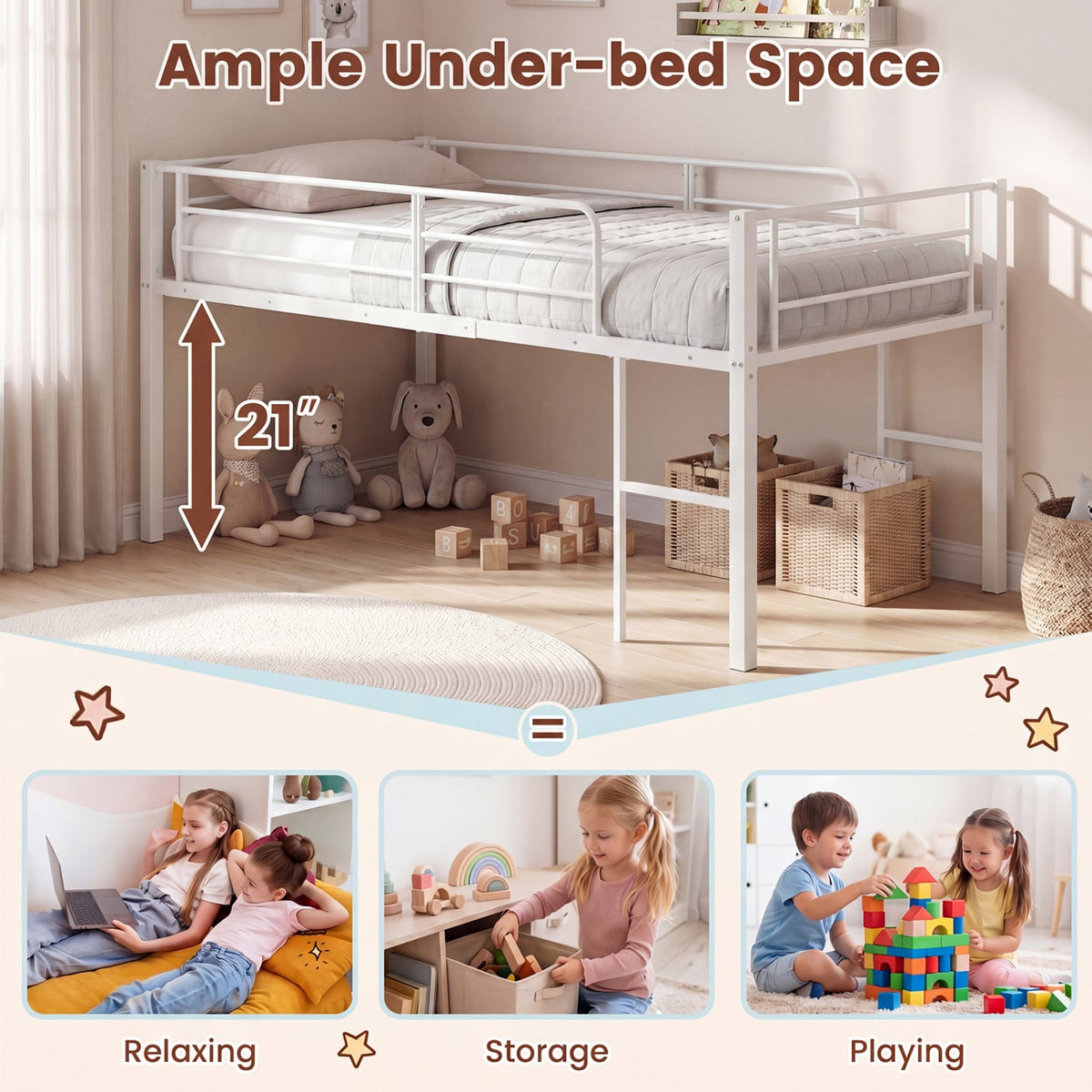 Twin Size Low Loft Bed with Safety Guardrails and 2 Ladders-White view 7