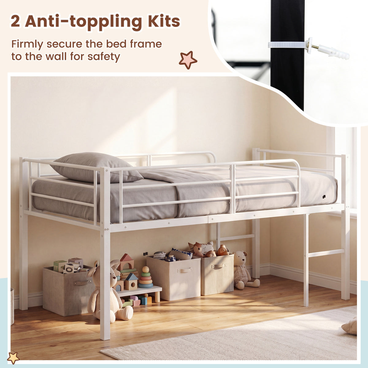Twin Size Low Loft Bed with Safety Guardrails and 2 Ladders-White view 8