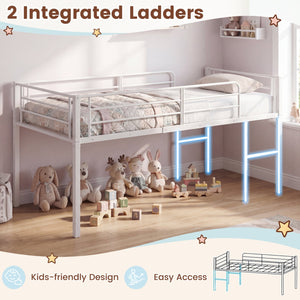 Twin Size Low Loft Bed with Safety Guardrails and 2 Ladders-White view 9