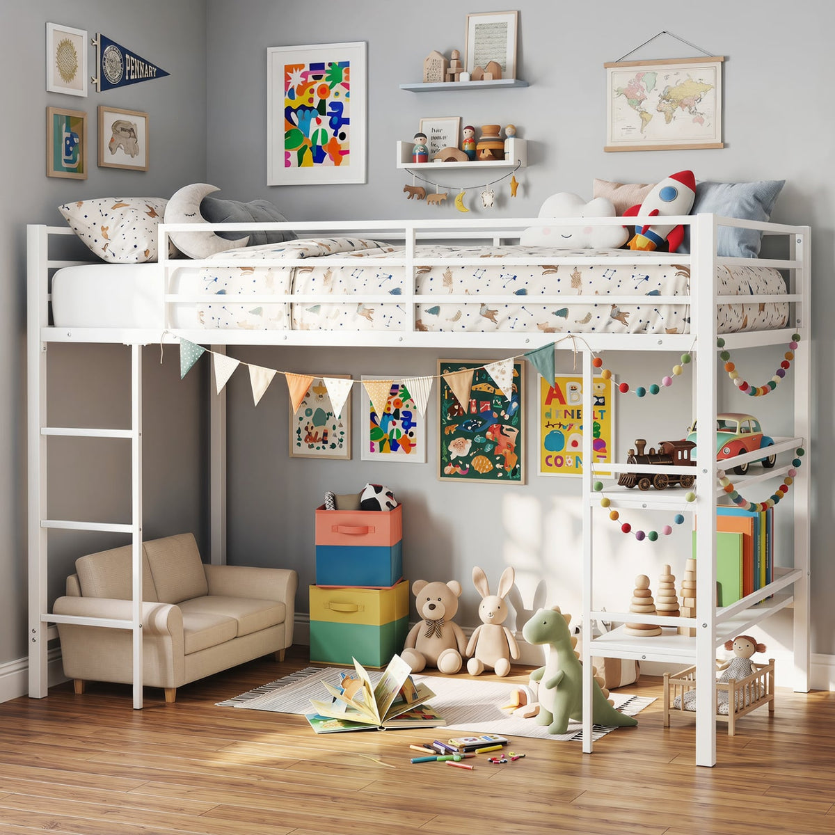 Twin Size Low Loft Bed with Ladder and Storage Shelves Metal Frame for Boys Girls-White view 7