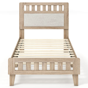 Twin Size Wood Bed Frame with Upholstered Headboard Mid Century Style