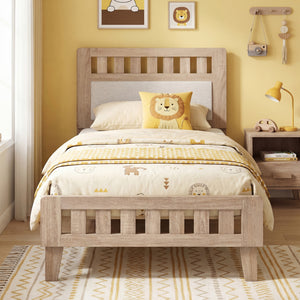 Twin Size Wood Bed Frame with Upholstered Headboard Mid Century Style view 2
