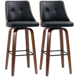 Bar Height Bar Stools Set of 2, PU Leather Upholstered Swivel Barstools with Solid Wood Legs Footrest and Tufted Back, Black