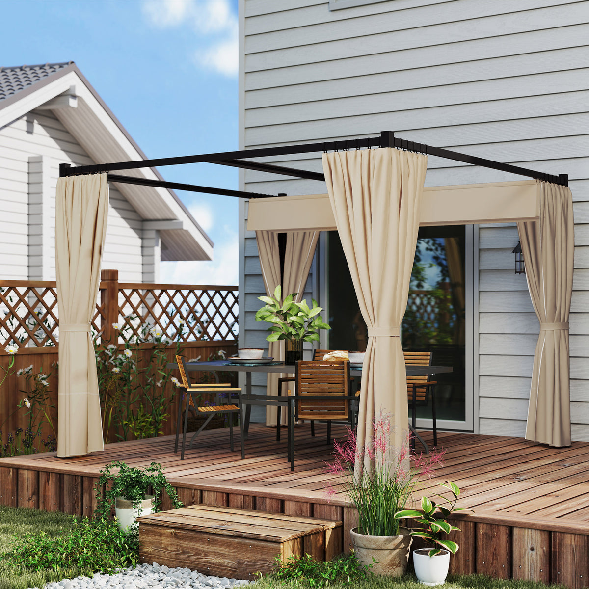 10' x 10' Retractable Pergola Canopy with Sidewalls, Metal Outdoor Gazebo Sun Shade Shelter, Beige – view 6