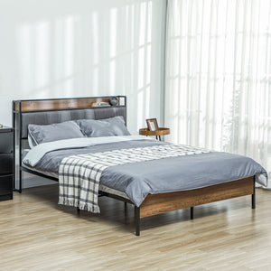 Queen Size Bed Frame with Charging Station, Queen Bed Frame with Upholstered Headboard and Storage Shelf, Walnut