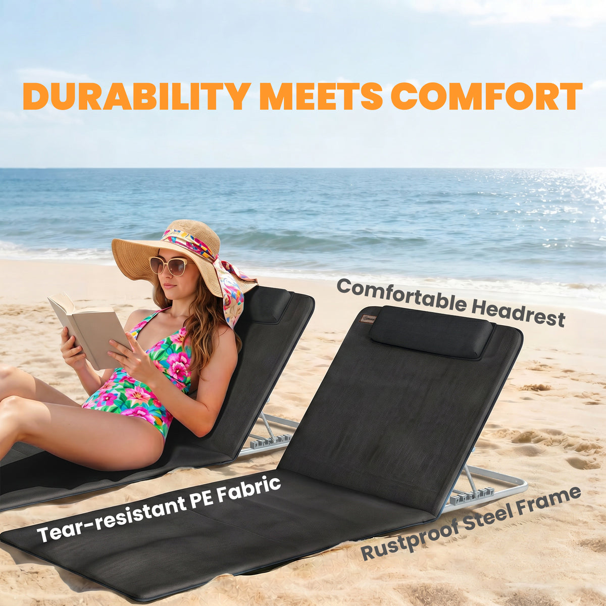 2 Pieces Beach Lounge Chair, Outdoor Folding Chaise Lounge Set w/ Pillow for Sunbath, Snap, Beige – view 12