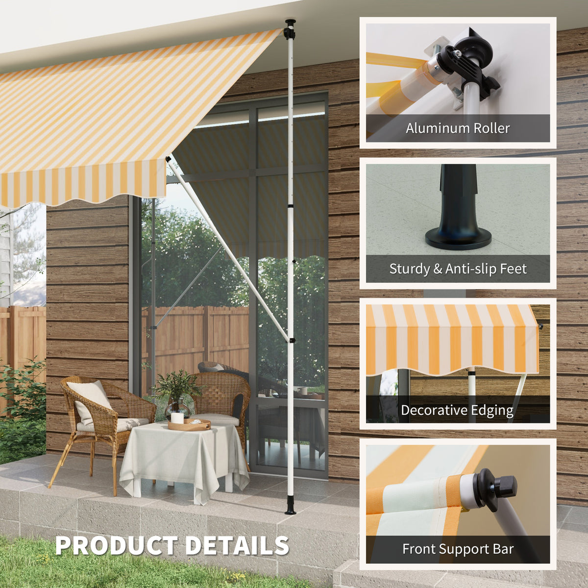 10x5ft Manual Retractable Awning, Patio Sun Shade Canopy Shelter with 5.6-9.2ft Support Pole, Water Resistant UV Protector, for Window, Door, Porch, Deck, Grey