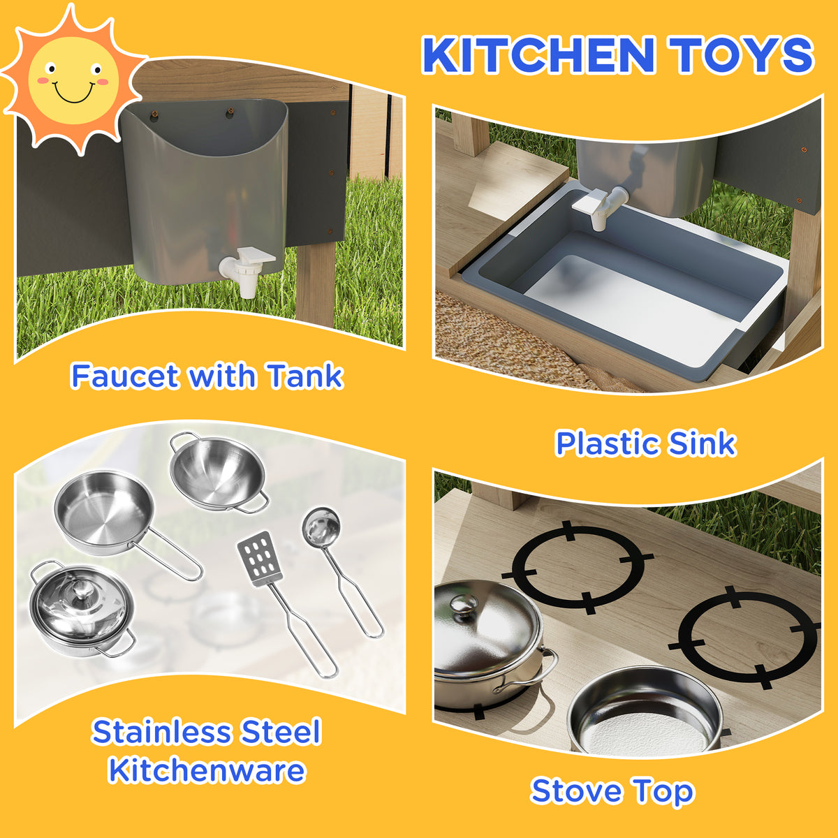 Kids Sandbox with Cover Kitchen Playset Toys, Wooden Sand Box with Seat, Storage, for 3-7 Years Old, Grey – view 11