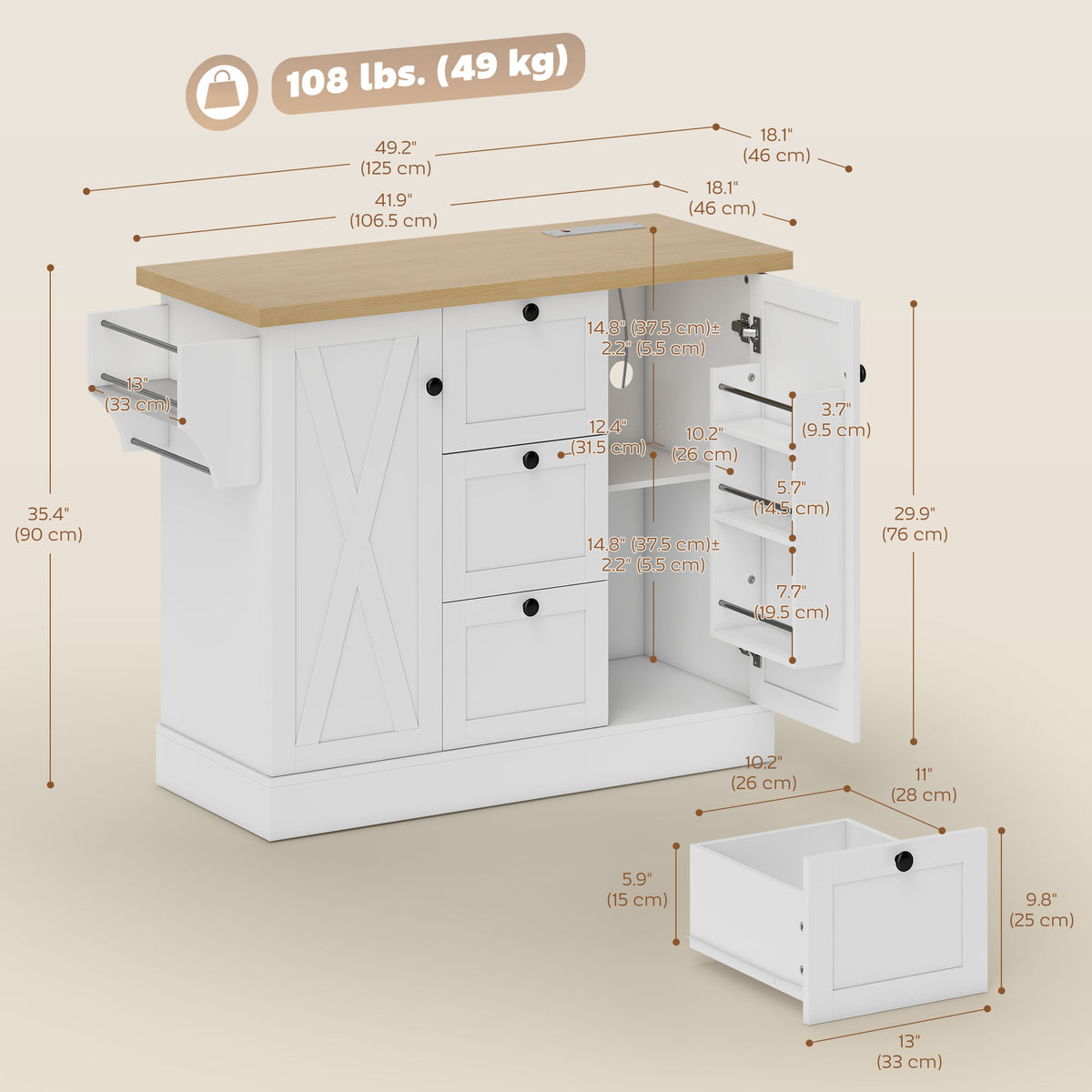 Farmhouse Kitchen Island Cart with Power Outlet and Soft-Close Doors, 49" Kitchen Island with 3 Drawers – view 9