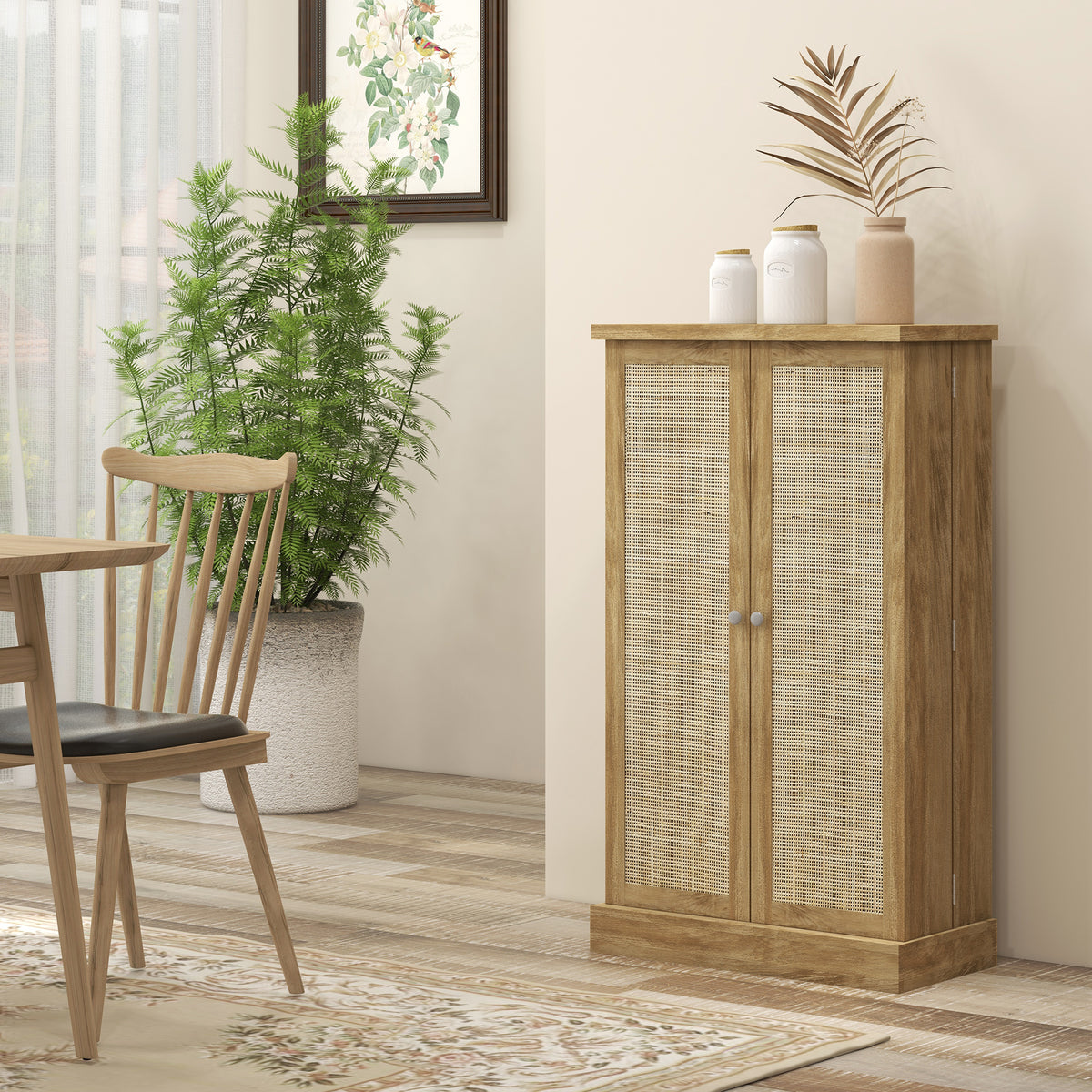 41" Rattan Kitchen Storage Cabinet, Food Pantry Cabinet with 5-Tier Shelf 12 Spice Racks Adjustable Shelves Natural