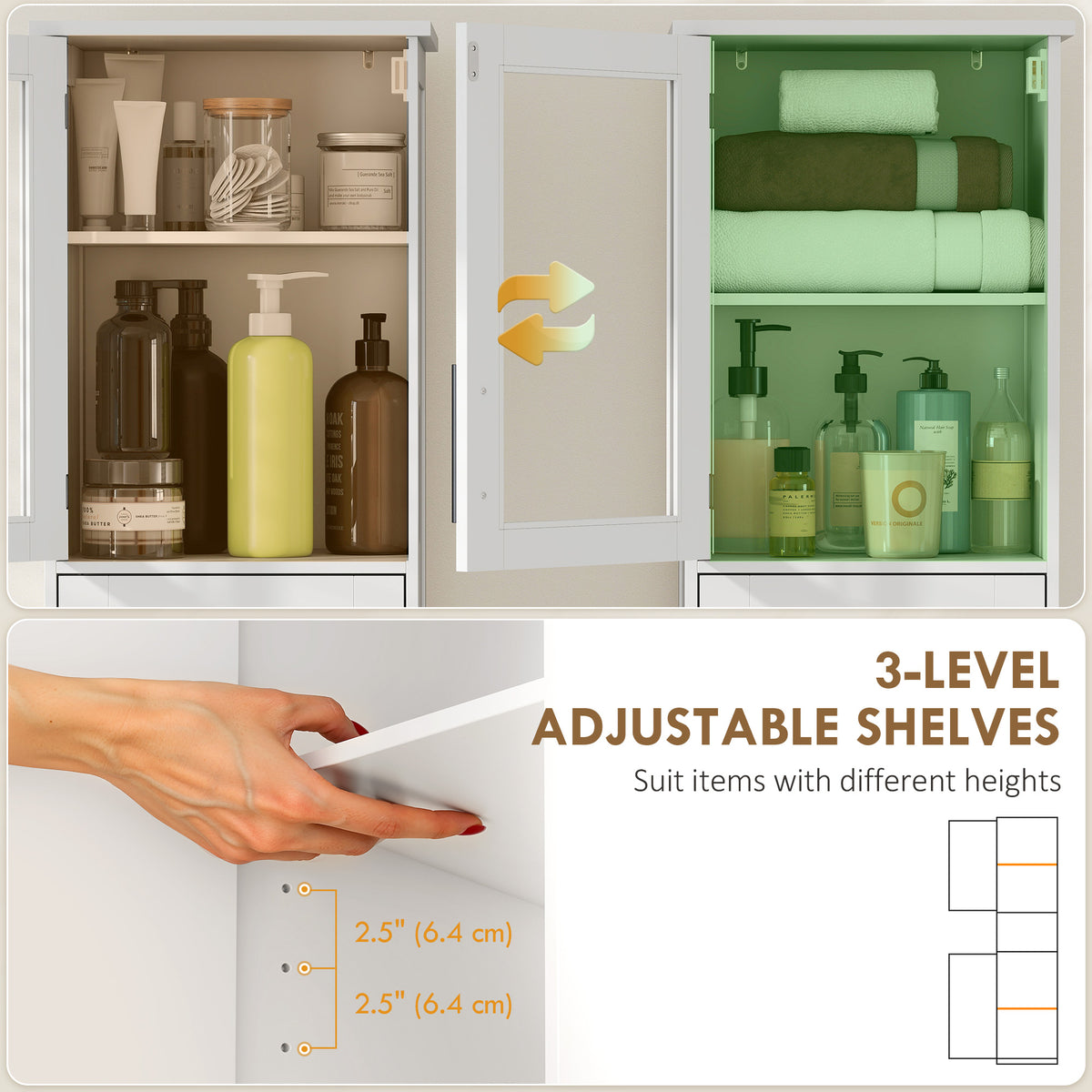 67" Tall Bathroom Storage Cabinet, Freestanding Narrow Bathroom Cabinet with Adjustable Shelves, Glass Door and Drawer