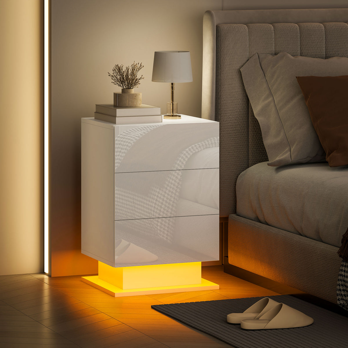 Modern LED Nightstand Bedside Table with Adjustable Colour Lighting & 3 Drawers, APP Control, Glossy White
