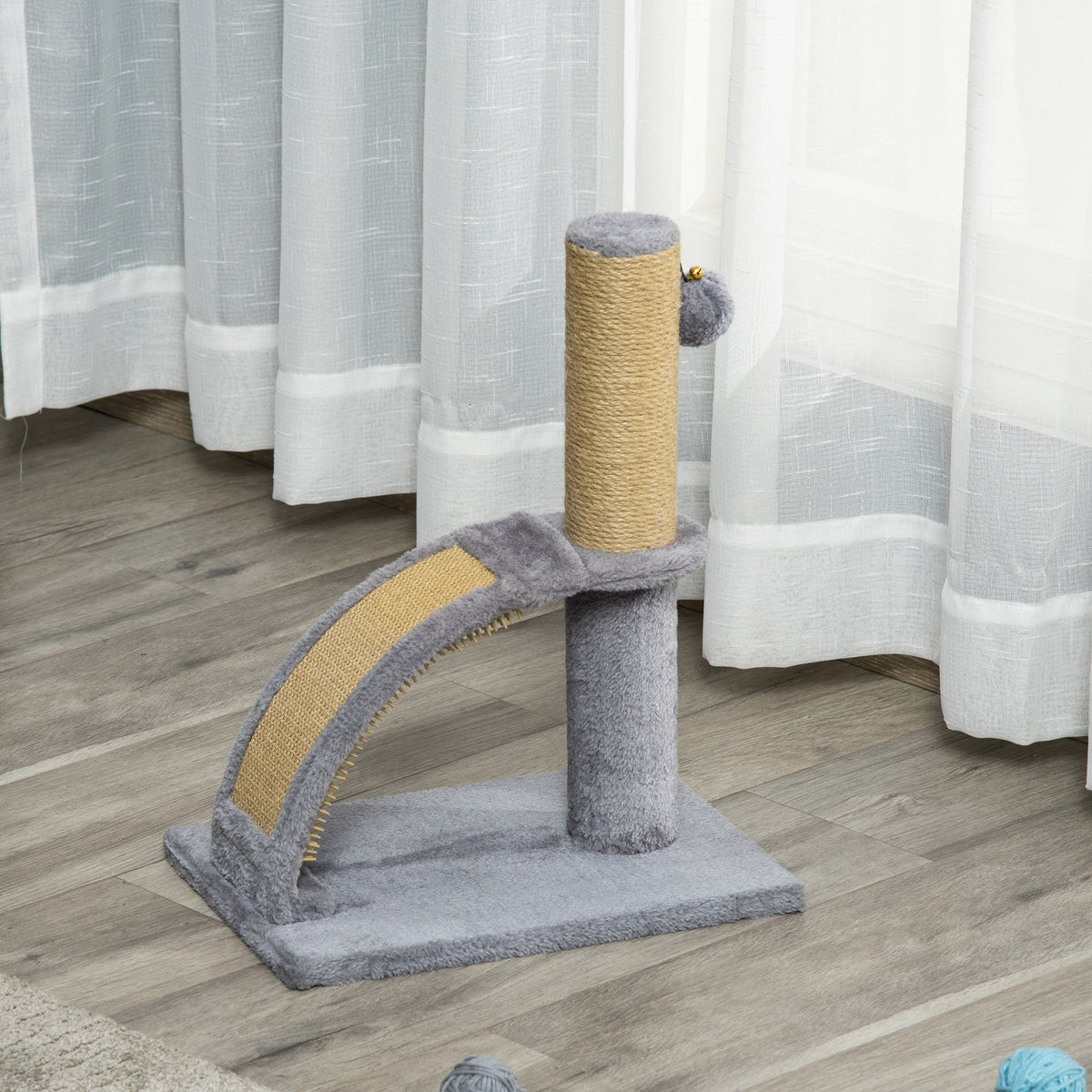 17" Small Cat Tree with Jute Scratching Post, Curved Scratching Board, Dangling Ball with Bell, Grey