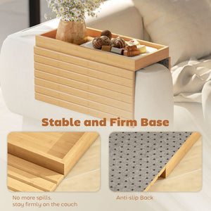 Bamboo Couch Arm Tray, Sofa Armrest Tray with Flexible Roll-up Design and Wide Compartment, Natural