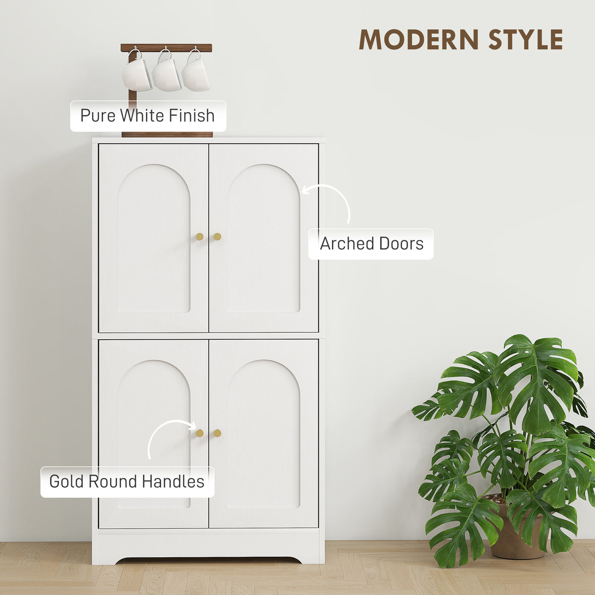 43" Kitchen Pantry Cabinet, Freestanding Modern Storage Cabinet with 4 Arched Doors and 2 Adjustable Shelves, White