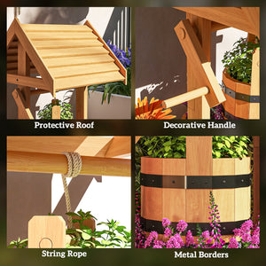 Wood Wishing Well Outdoor Wooden Planter with Hanging Bucket and Drainage Hole for Garden, Patio, Backyard, Natural