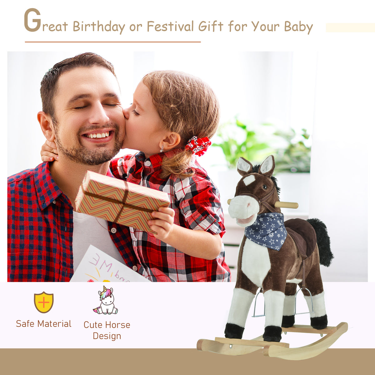 Qaba Kids Plush Ride-On Rocking Horse Toy Cowboy Rocker with Fun Realistic Sounds for Child 3-6 Years Old