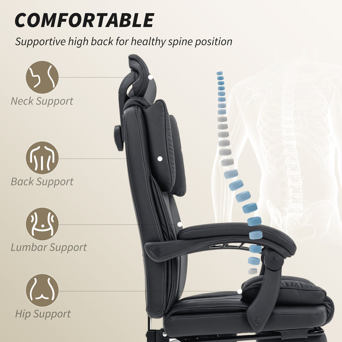 Reclining Office Chair, Executive Desk Chair with Pet-Friendly Fabric, Headrest, Footrest, Swivel Wheels – view 3
