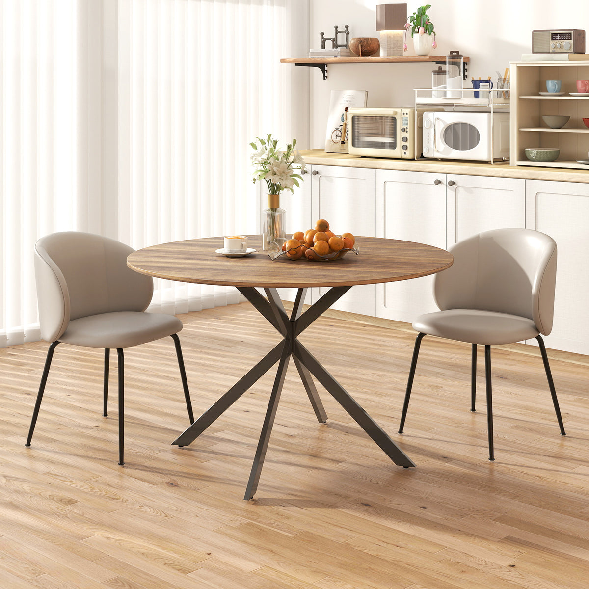 47" Round Kitchen Table for 4, Industrial Dining Table with Steel Legs for Dining Room, Dark Brown and Black
