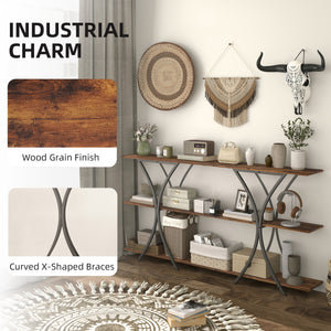 71" Console Table, 3-Tier Industrial Entryway Table with 2 Storage Shelves for Living Room, Hallway, Rustic Brown
