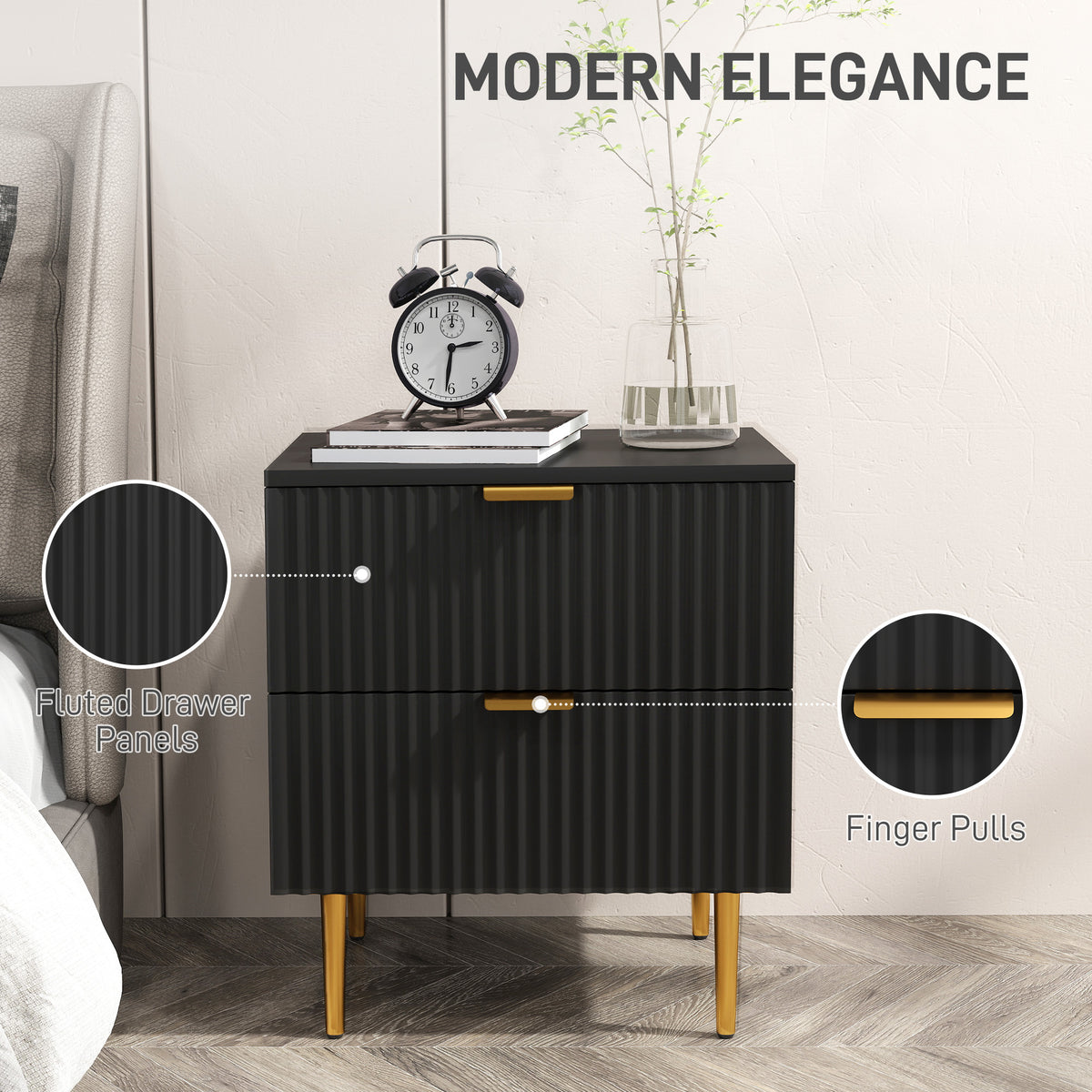 Bedside Table, Modern Nightstand with 2 Drawers, Side End Table with Metal Legs for Living Room, Bedroom, Black