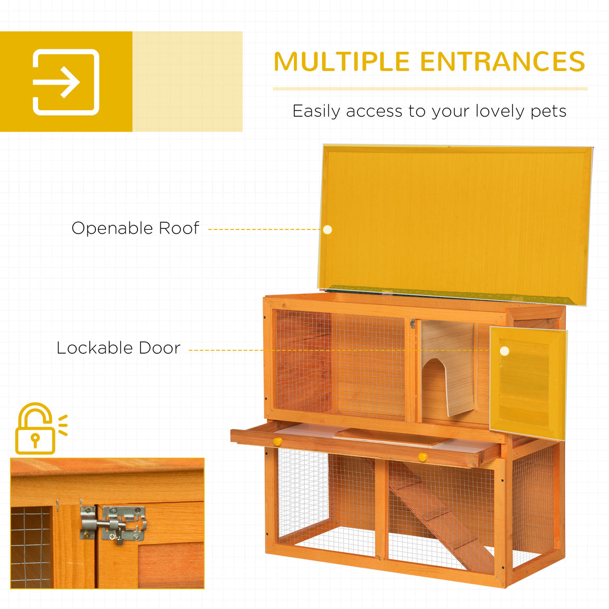 Wooden Rabbit Hutch, Indoor Outdoor Bunny Cage with Run, 2- Level Guinea Pig House with Slide-Out Tray, Waterproof Roof, Yellow