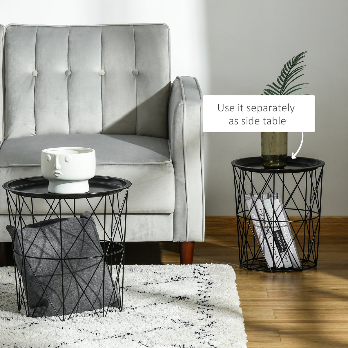 Set of 3 Nesting Coffee Tables with Storage, Round End Table with Removable Tray, Basket Side Tables with Metal Frame for Living Room, Black