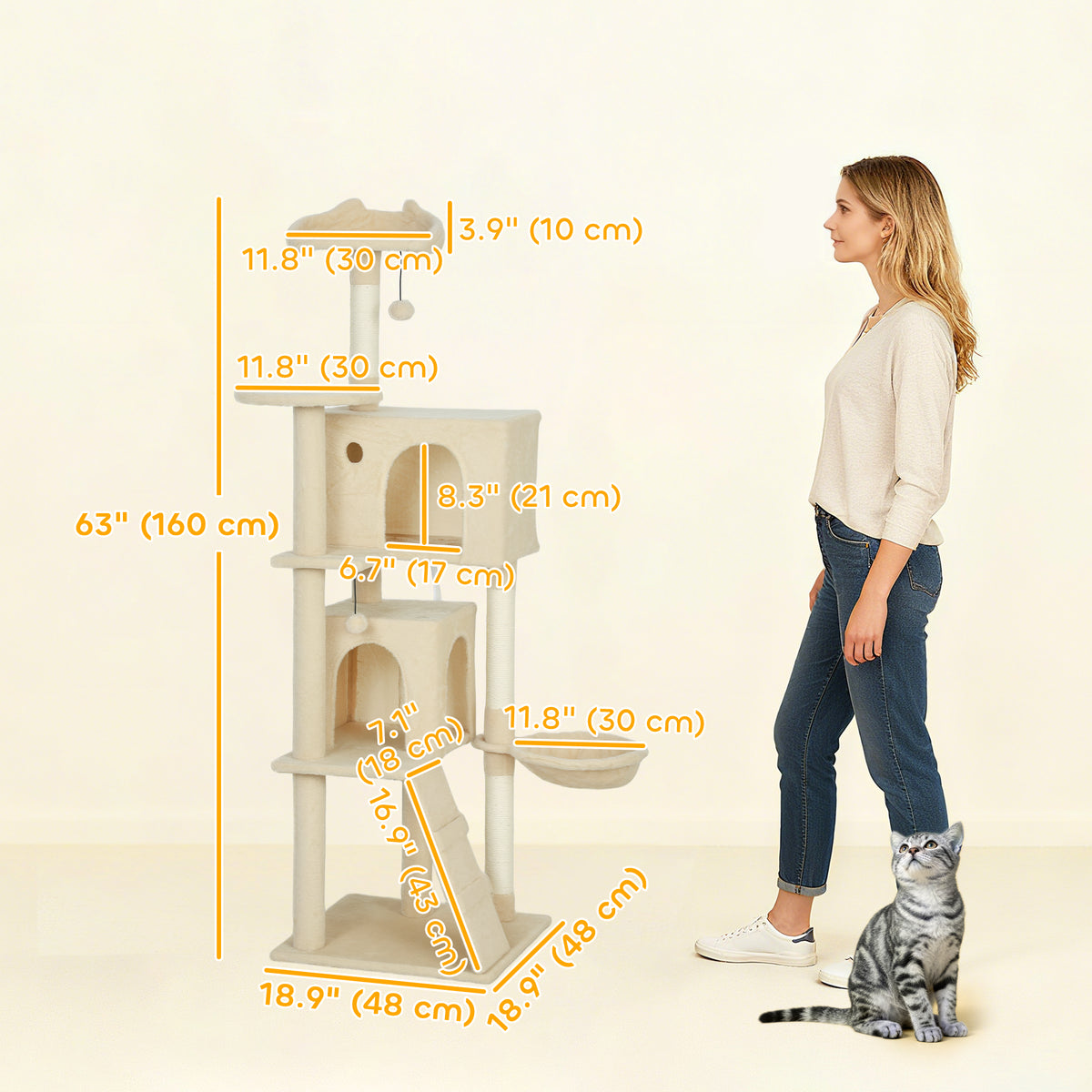 63 Inch Cat Tree with Sisal Scratching Posts, Condos, Plush Perches, Hammock, Ladder, Dangling Balls, Beige – view 2