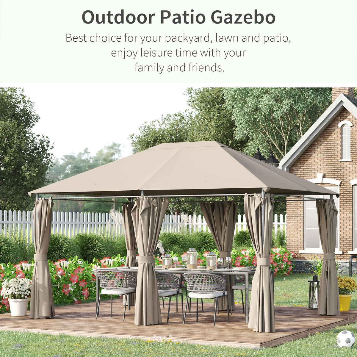 13'x 10' Soft-top Steel Patio Gazebo Canopy Party Tent with 6 Removable Curtains and Drainage Holes, Khaki – view 3