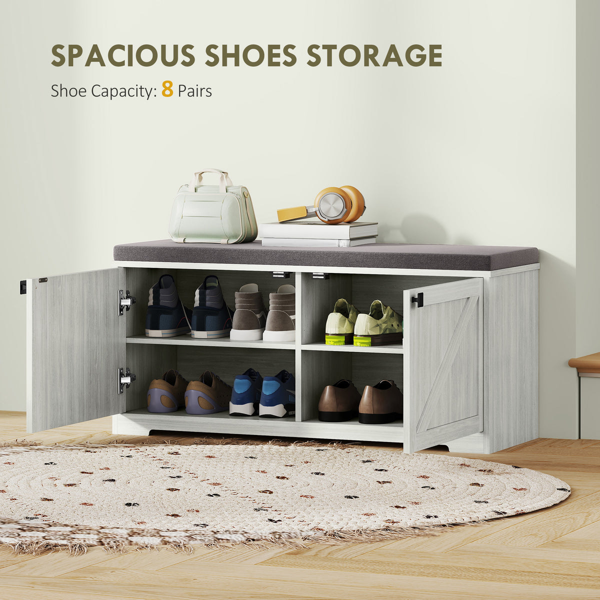 Shoe Storage Bench with Padded Seat, Entryway Bench Holds up to 352 lb, Shoe Organizer, 8 Pairs, Light Grey – view 3