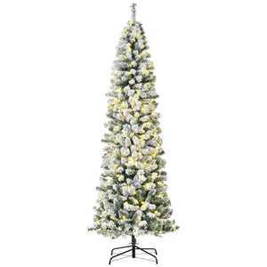6ft Prelit Artificial Pencil Christmas Tree, Snow Flocked Slim Xmas Tree with Warm White LED Lights - Green – view 3