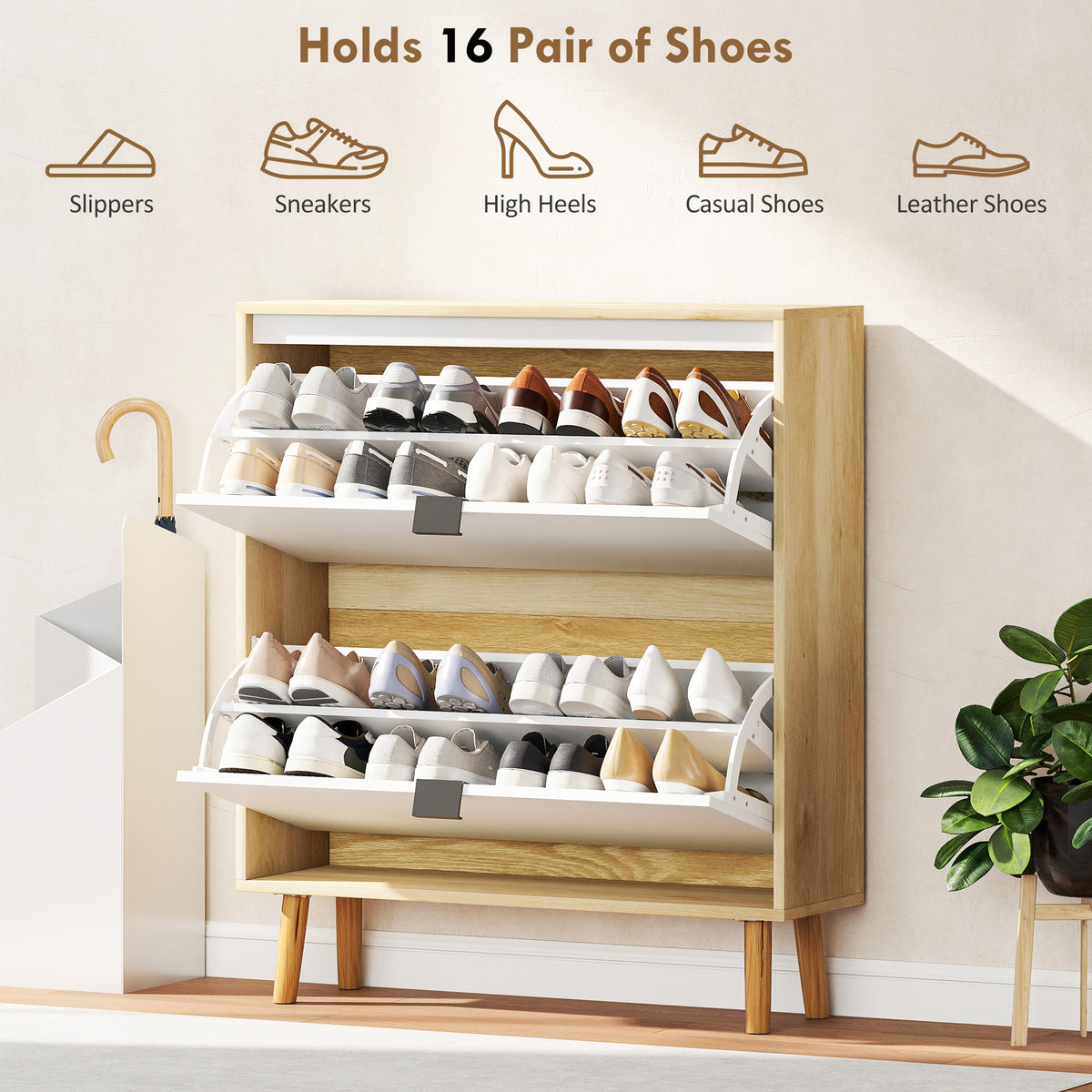 Narrow Shoe Cabinet, High Gloss Shoe Storage Cabinet with 2 Flip Drawers and Adjustable Shelves – view 4