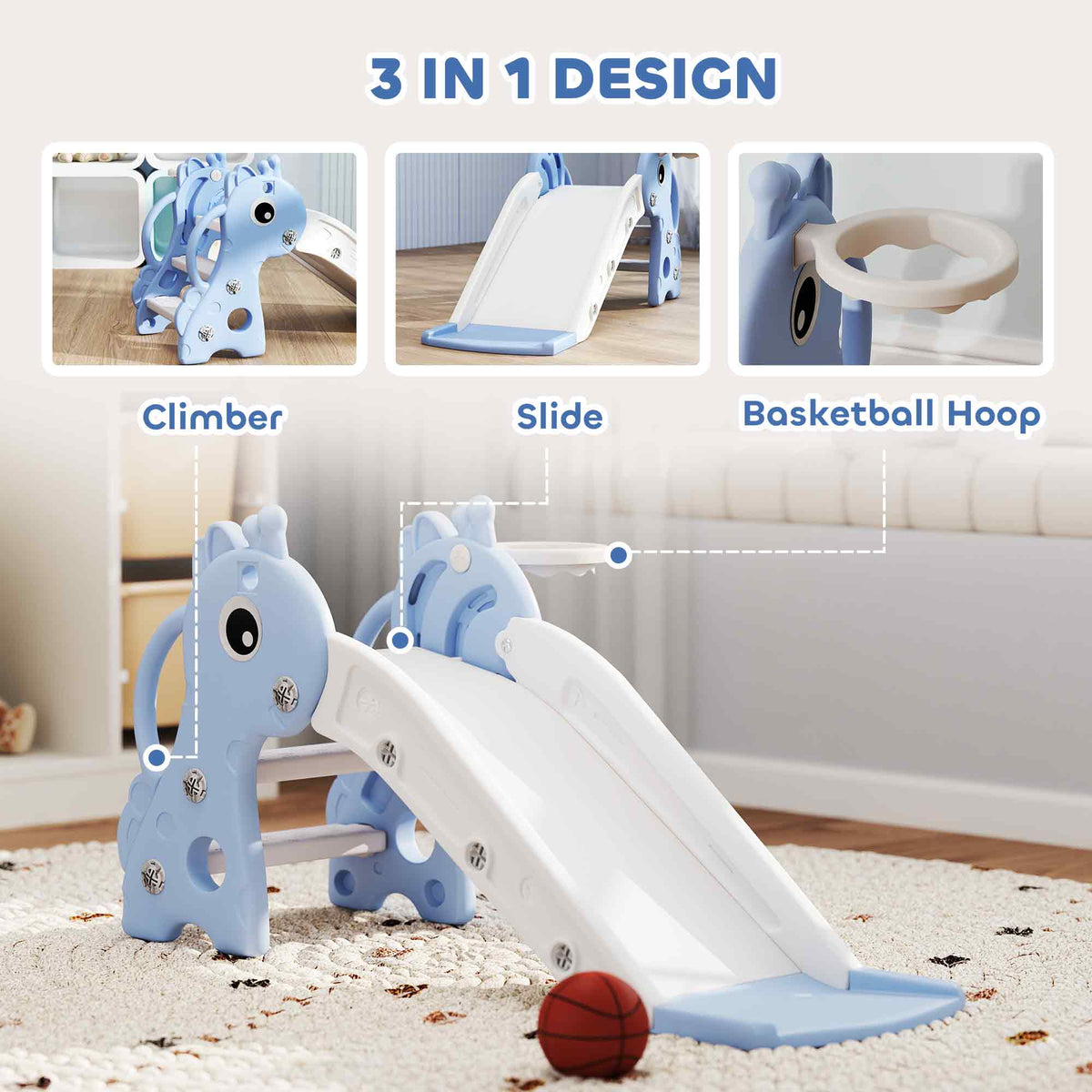 Qaba 3 in 1 Toddler Slide for Age 1-3, Kids Slide with Climber, Basketball Hoop and Ball, Giraffe Design