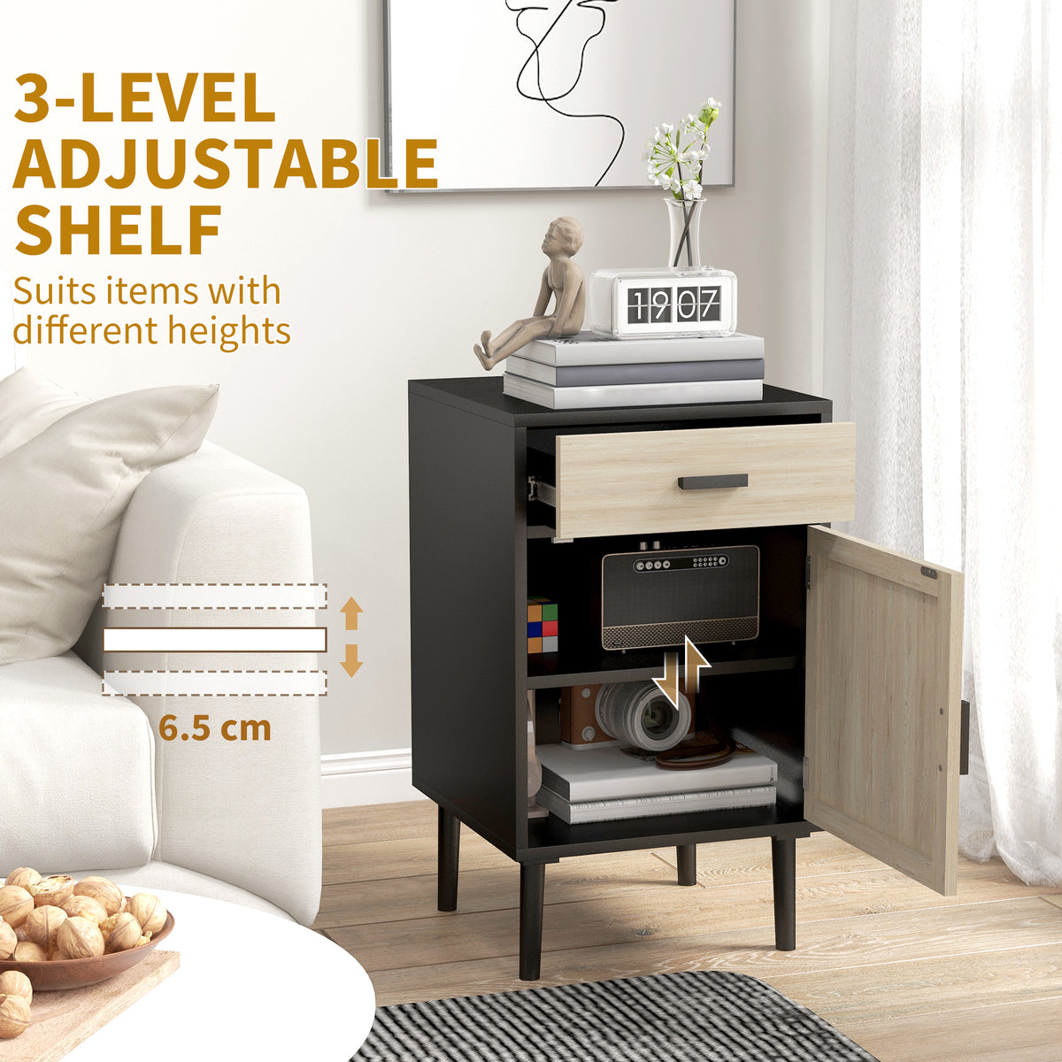 Boho Bedside Tables Set of 2, Nightstands with Drawer, Rattan Cabinet, Adjustable Shelf for Bedroom – view 12